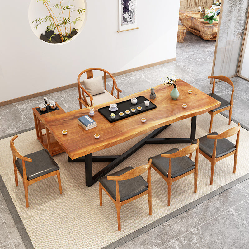 Industrial Rectangle Dining Table Pine Solid Wood Table with Black Trestle Base for Dining Room