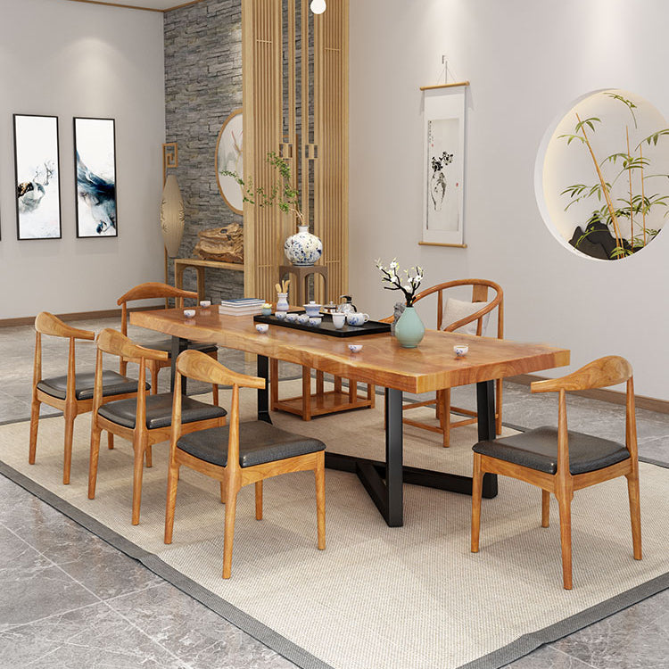 Industrial Rectangle Dining Table Pine Solid Wood Table with Black Trestle Base for Dining Room