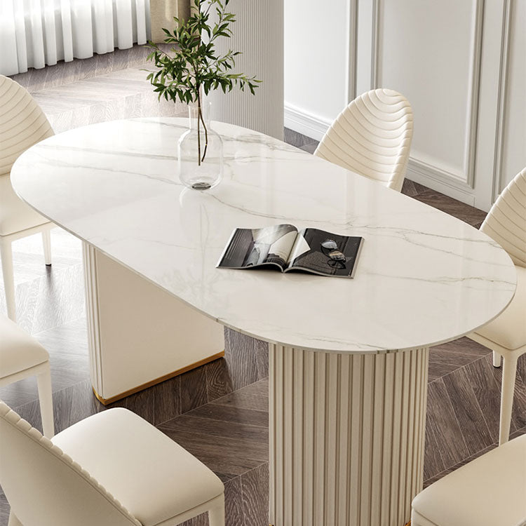 Oval Sintered Stone Top Esstisch Moderner Tisch in Weiß mit doppelter Sockel