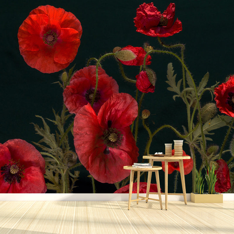 Customized Blooming Poppies Mural Wallpaper Contemporary for Guest Room Decor