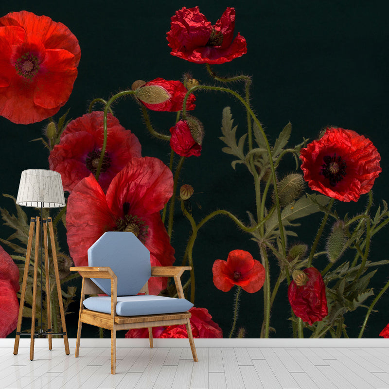 Customized Blooming Poppies Mural Wallpaper Contemporary for Guest Room Decor