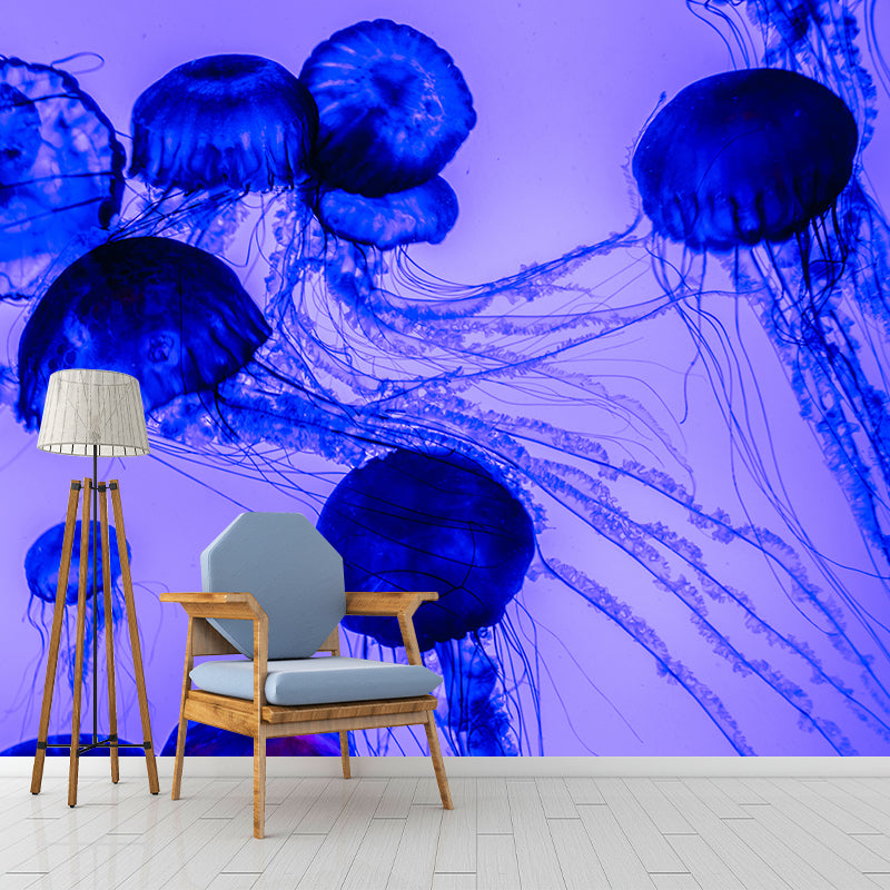 Blue Sea Creatures Mural Contemporary Wall Decor for Sleeping Room, Water Resistant