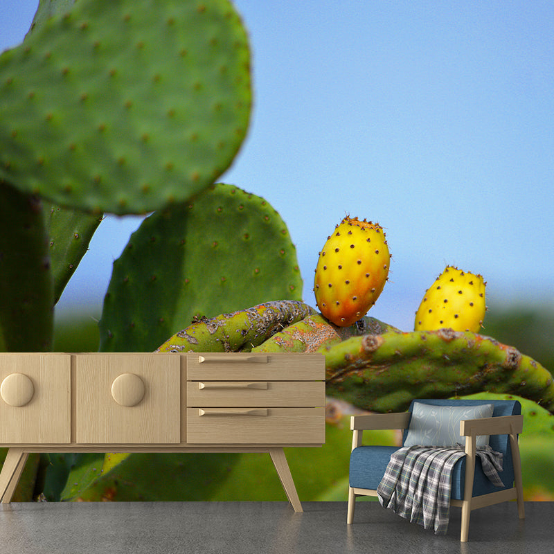 Green Cactus Wall Mural Giant Wall Covering for Dining Room, Moisture Resistant