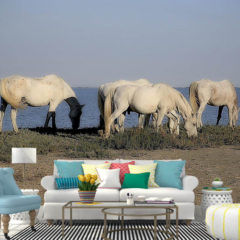 Environment Friendly Mural with White Horse Painting Mildew Resistant Wallpaper Home Decor