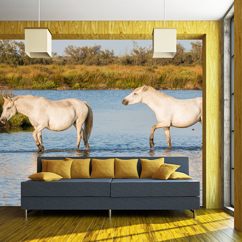 Environment Friendly Mural with White Horse Painting Mildew Resistant Wallpaper Home Decor