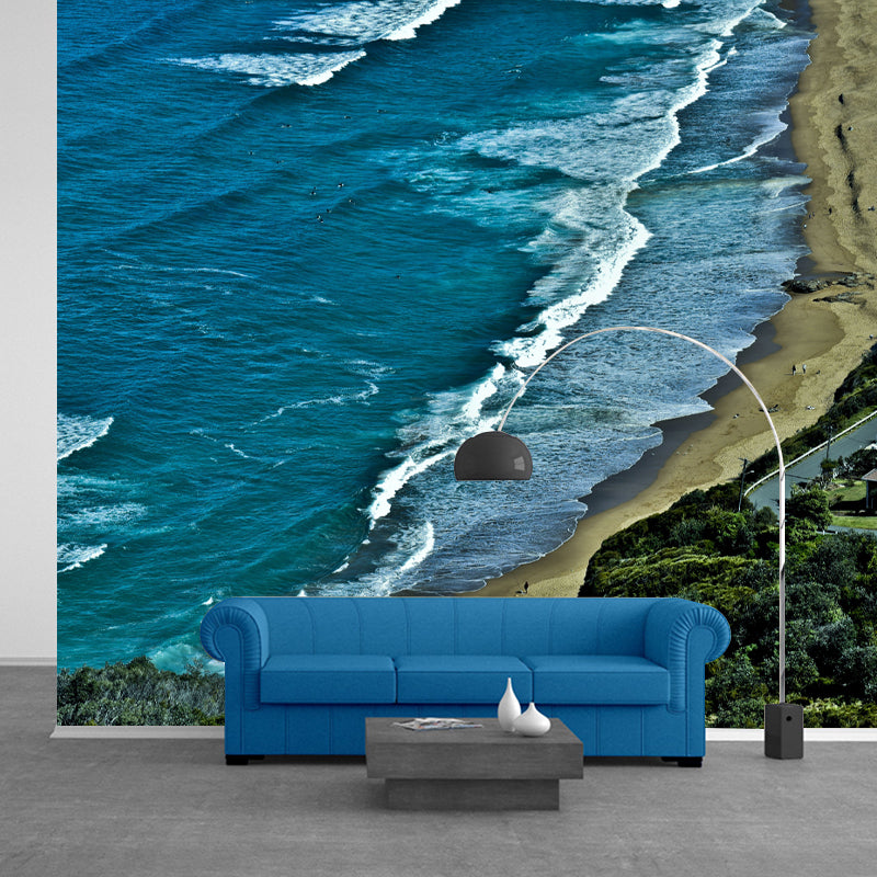 Blue Sandy Beach Wall Mural Water-Resistant Wall Covering for Sleeping Room