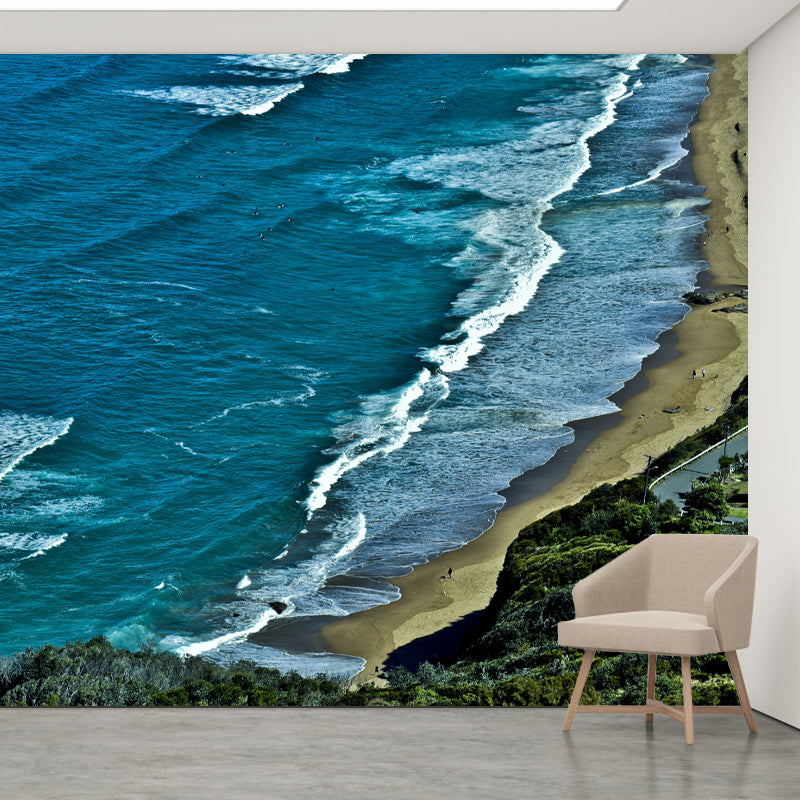 Blue Sandy Beach Wall Mural Water-Resistant Wall Covering for Sleeping Room