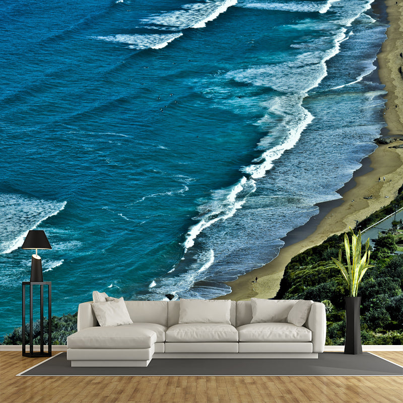 Blue Sandy Beach Wall Mural Water-Resistant Wall Covering for Sleeping Room