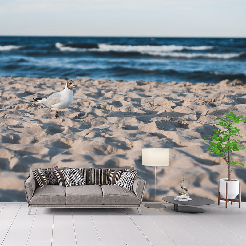 Blue Sandy Beach Wall Mural Water-Resistant Wall Covering for Sleeping Room