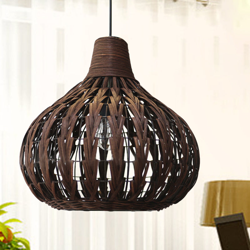 Teardrop Hanging Light Asian Rattan 14"/23.5" Wide 1 Head Coffee Suspended Lighting Fixture