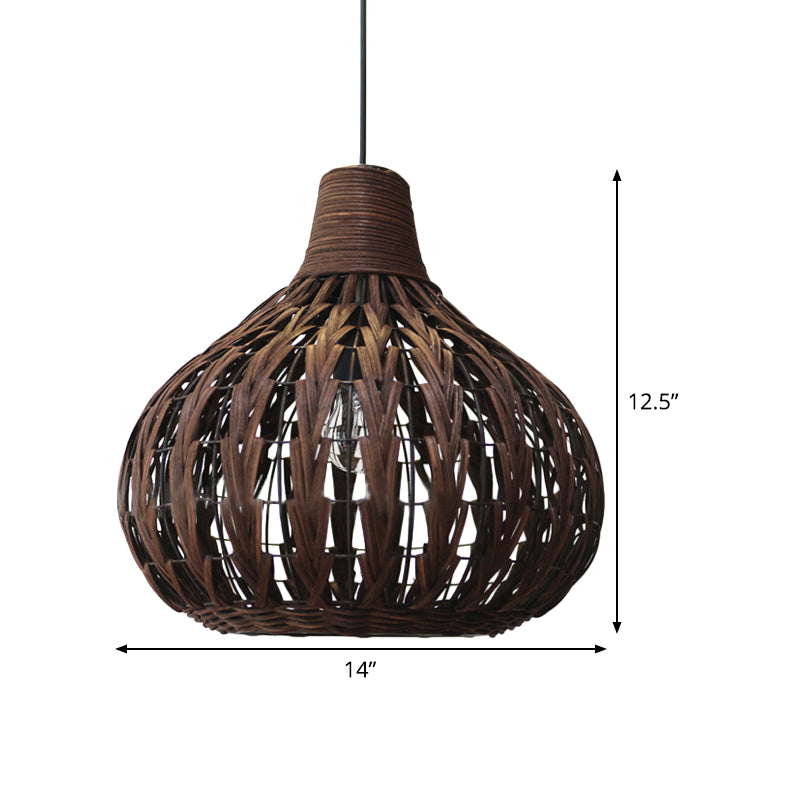 Teardrop Hanging Light Asian Rattan 14"/23.5" Wide 1 Head Coffee Suspended Lighting Fixture