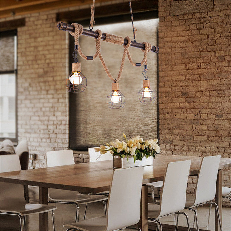 Characteristic Style Hemp Rope LED Hanging Island Pendant Light for Dining Room Bar Clothing Store