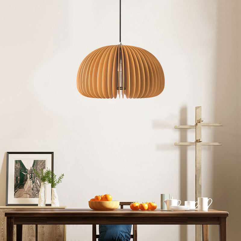 1 Light Pumpkin Shaped Pendant Lamp with Wood Frame Modern Suspension Lighting Fixture