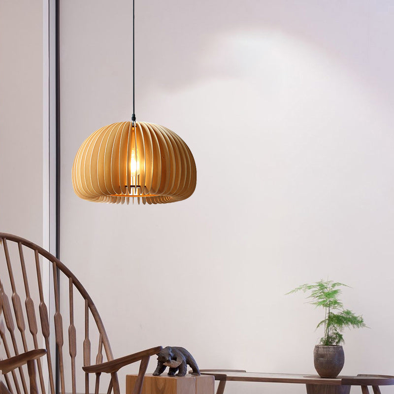 1 Light Pumpkin Shaped Pendant Lamp with Wood Frame Modern Suspension Lighting Fixture