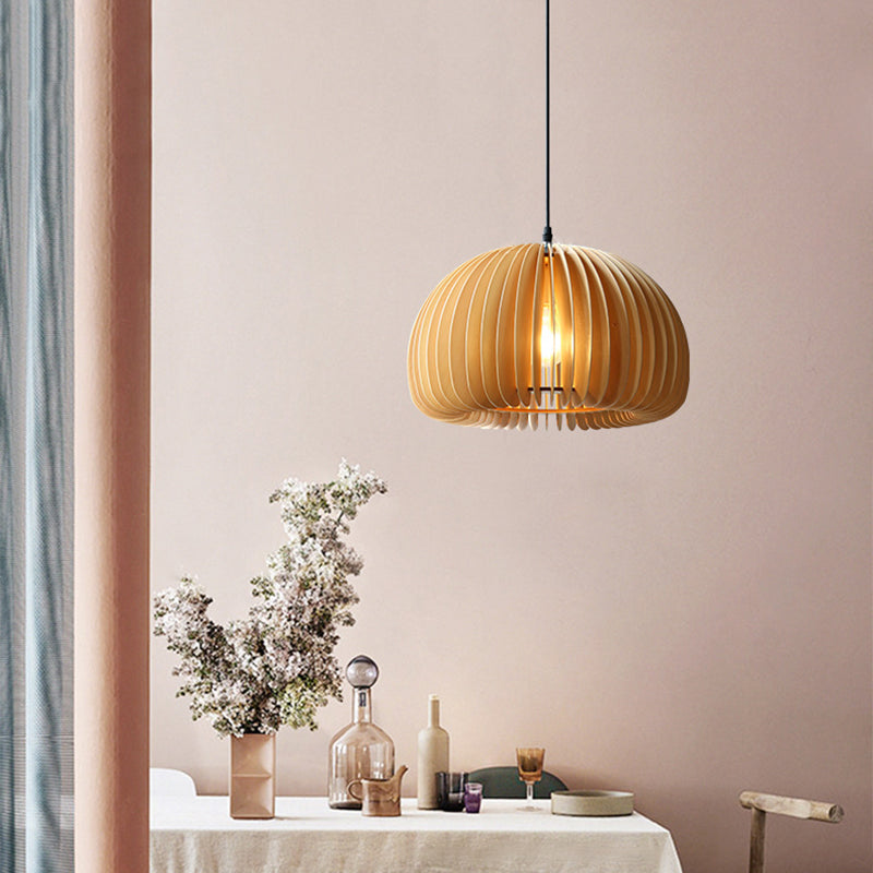 1 Light Pumpkin Shaped Pendant Lamp with Wood Frame Modern Suspension Lighting Fixture