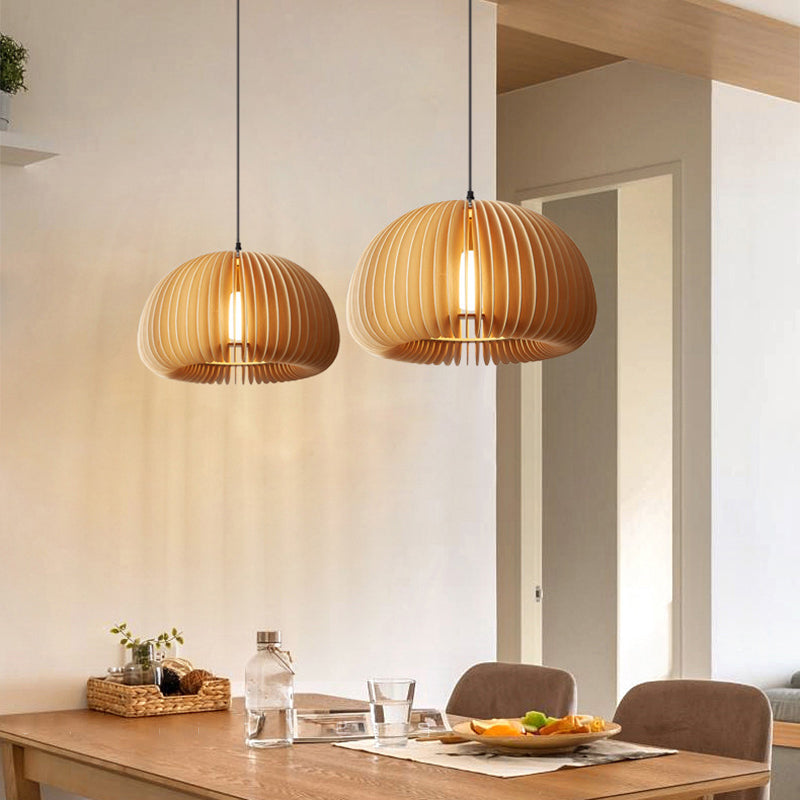 1 Light Pumpkin Shaped Pendant Lamp with Wood Frame Modern Suspension Lighting Fixture
