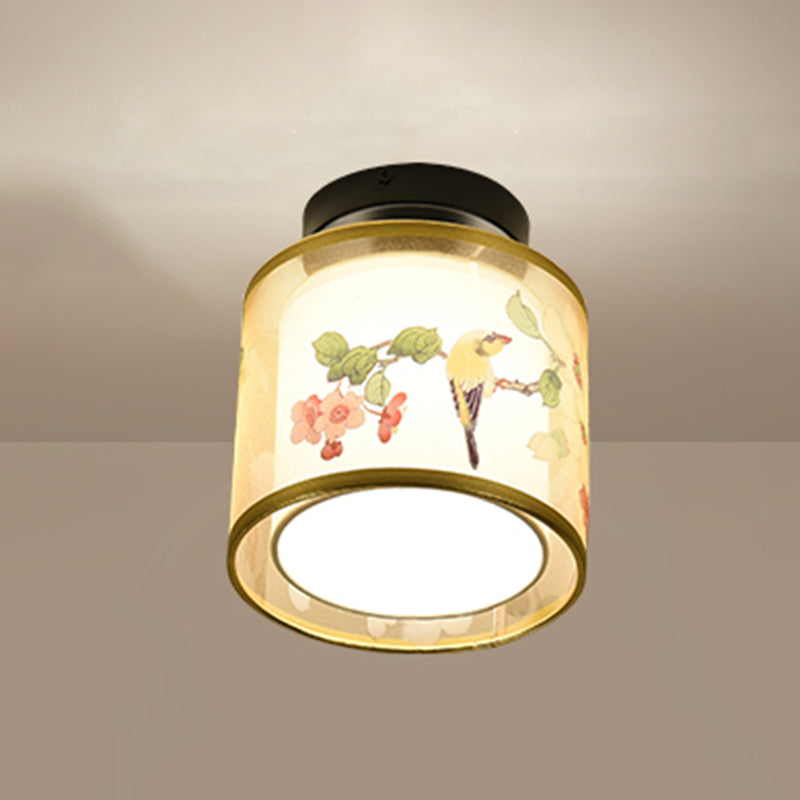 Plafonnier encastré de 8 pouces de large, plafonnier de style asiatique avec abat-jour en tissu pour le salon