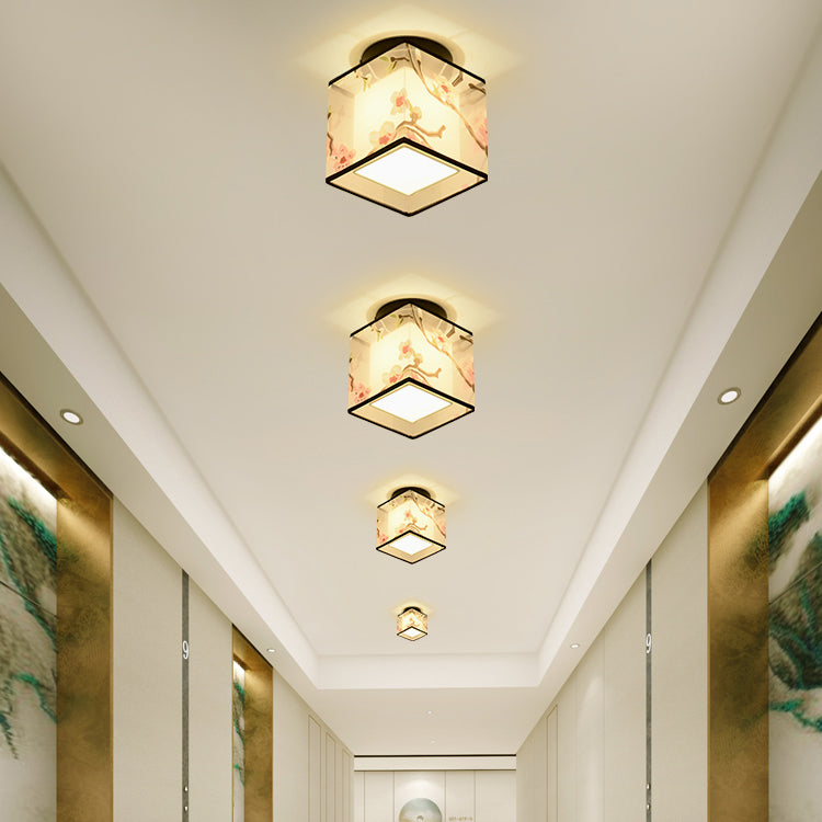 Plafonnier encastré de 8 pouces de large, plafonnier de style asiatique avec abat-jour en tissu pour le salon