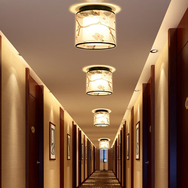 Plafonnier encastré de 8 pouces de large, plafonnier de style asiatique avec abat-jour en tissu pour le salon