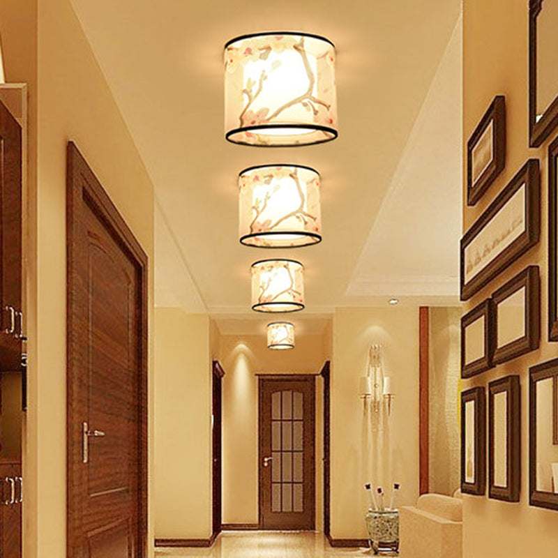 Plafonnier encastré de 8 pouces de large, plafonnier de style asiatique avec abat-jour en tissu pour le salon