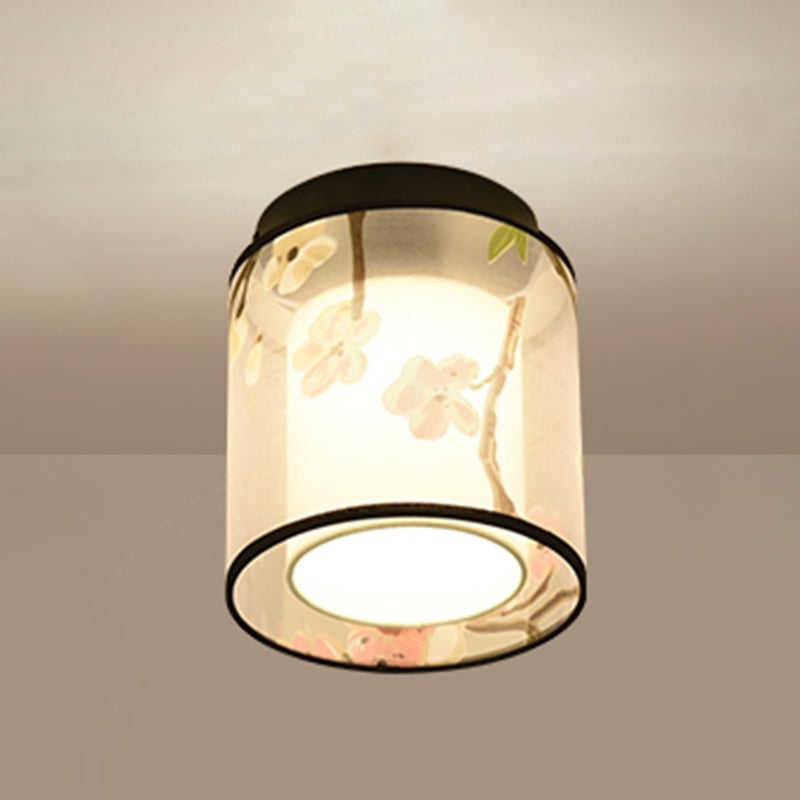 Plafonnier encastré de 8 pouces de large, plafonnier de style asiatique avec abat-jour en tissu pour le salon