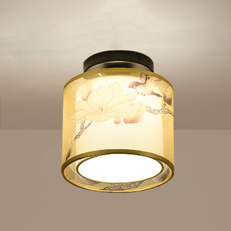 Plafonnier encastré de 8 pouces de large, plafonnier de style asiatique avec abat-jour en tissu pour le salon