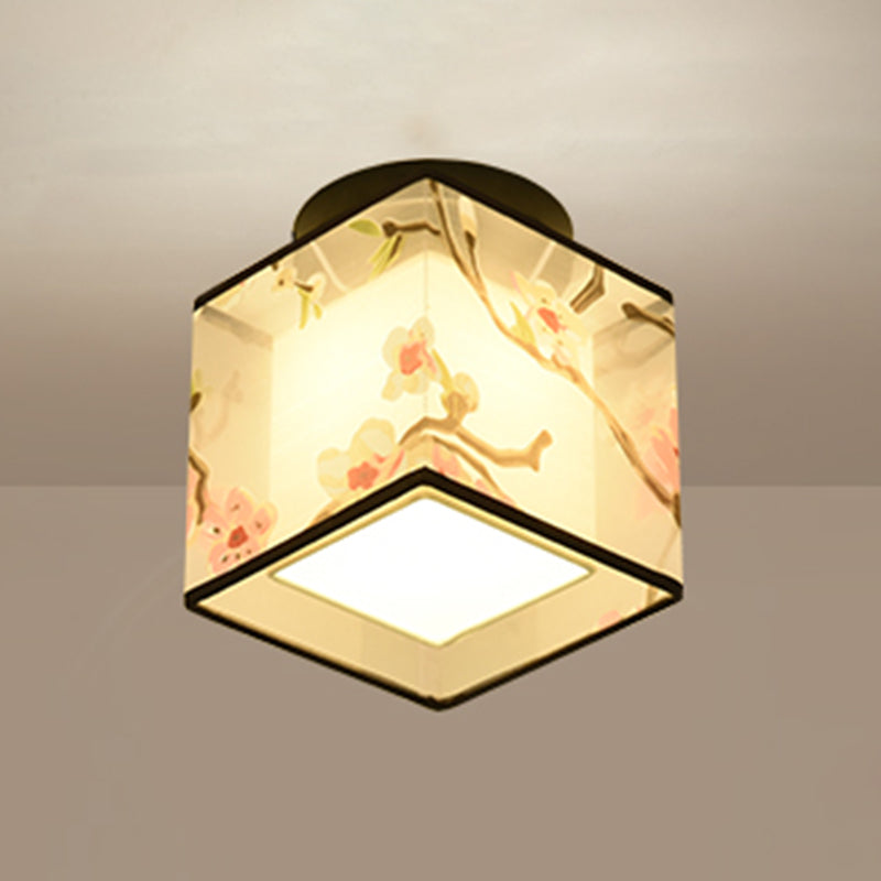 Plafonnier encastré de 8 pouces de large, plafonnier de style asiatique avec abat-jour en tissu pour le salon