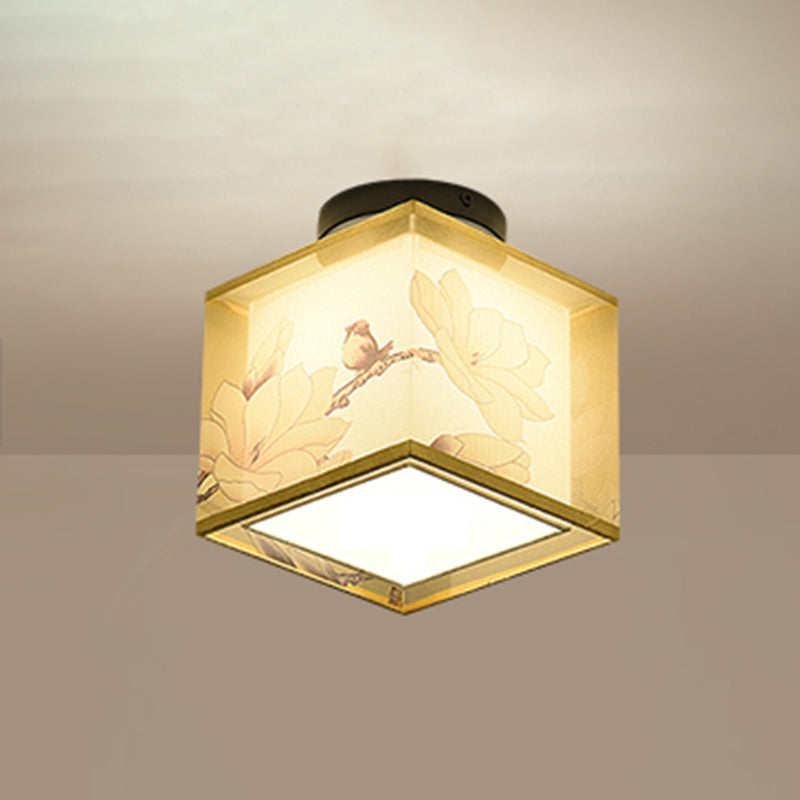 Plafonnier encastré de 8 pouces de large, plafonnier de style asiatique avec abat-jour en tissu pour le salon