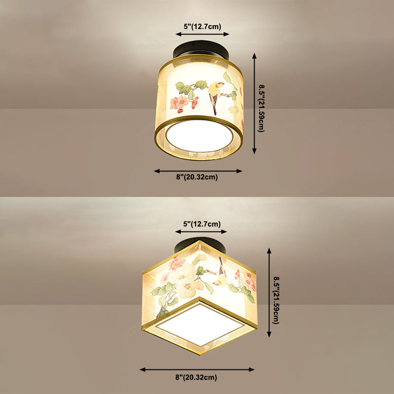 Plafonnier encastré de 8 pouces de large, plafonnier de style asiatique avec abat-jour en tissu pour le salon