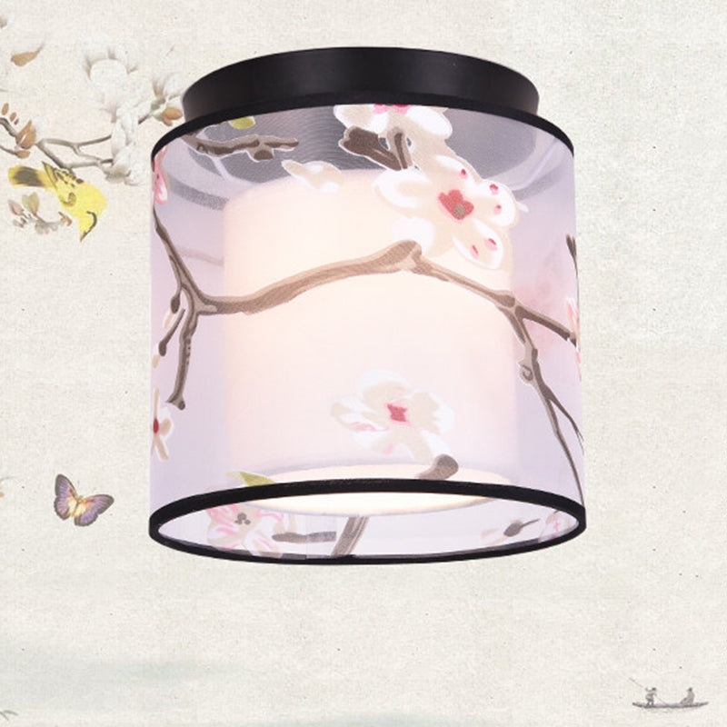 Plafonnier encastré de 8 pouces de large, plafonnier de style asiatique avec abat-jour en tissu pour le salon