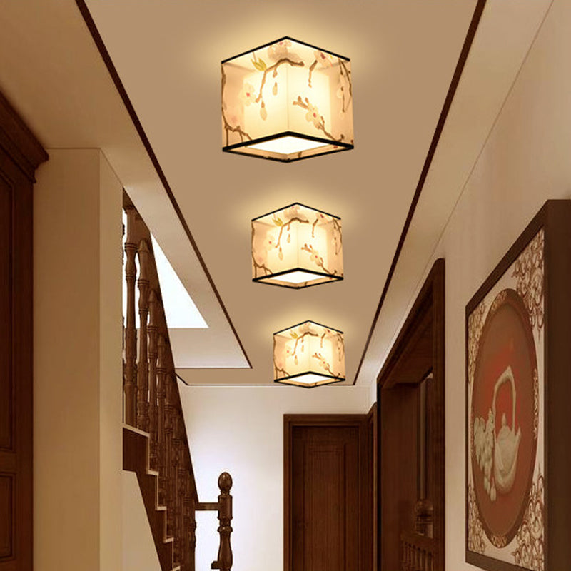 Plafonnier encastré de 8 pouces de large, plafonnier de style asiatique avec abat-jour en tissu pour le salon