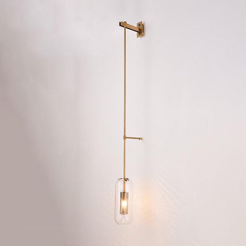 Moderno gambo in metallo applione da parete sospeso in vetro trasparente oblungo vetro a 1 bulbo sconde da parete