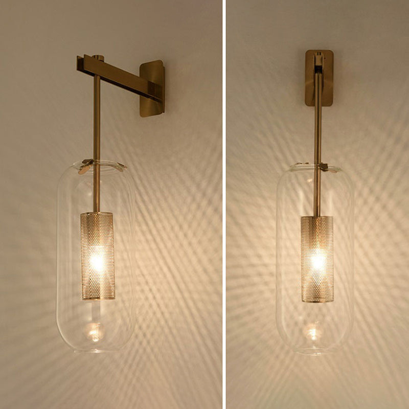 Moderno gambo in metallo applione da parete sospeso in vetro trasparente oblungo vetro a 1 bulbo sconde da parete