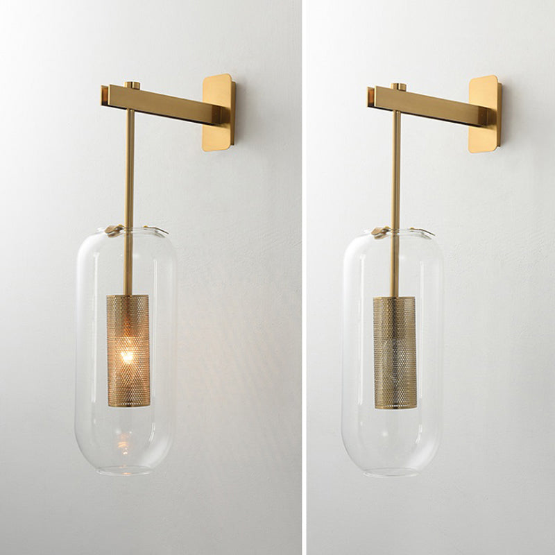 Moderno gambo in metallo applione da parete sospeso in vetro trasparente oblungo vetro a 1 bulbo sconde da parete