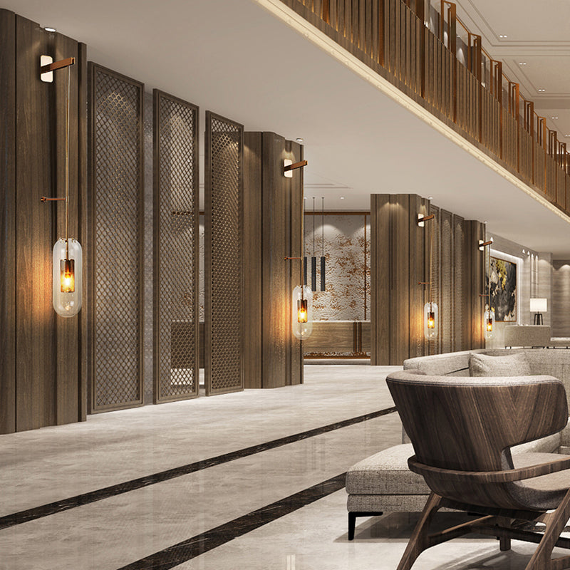 Moderno gambo in metallo applione da parete sospeso in vetro trasparente oblungo vetro a 1 bulbo sconde da parete