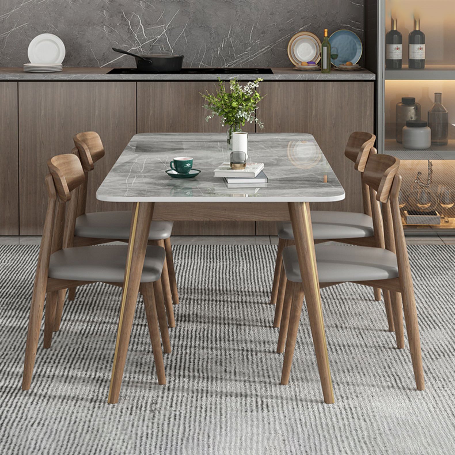 Modern Style Sintered Stone Dining Table 4 Legs Rectangular Table in Grey