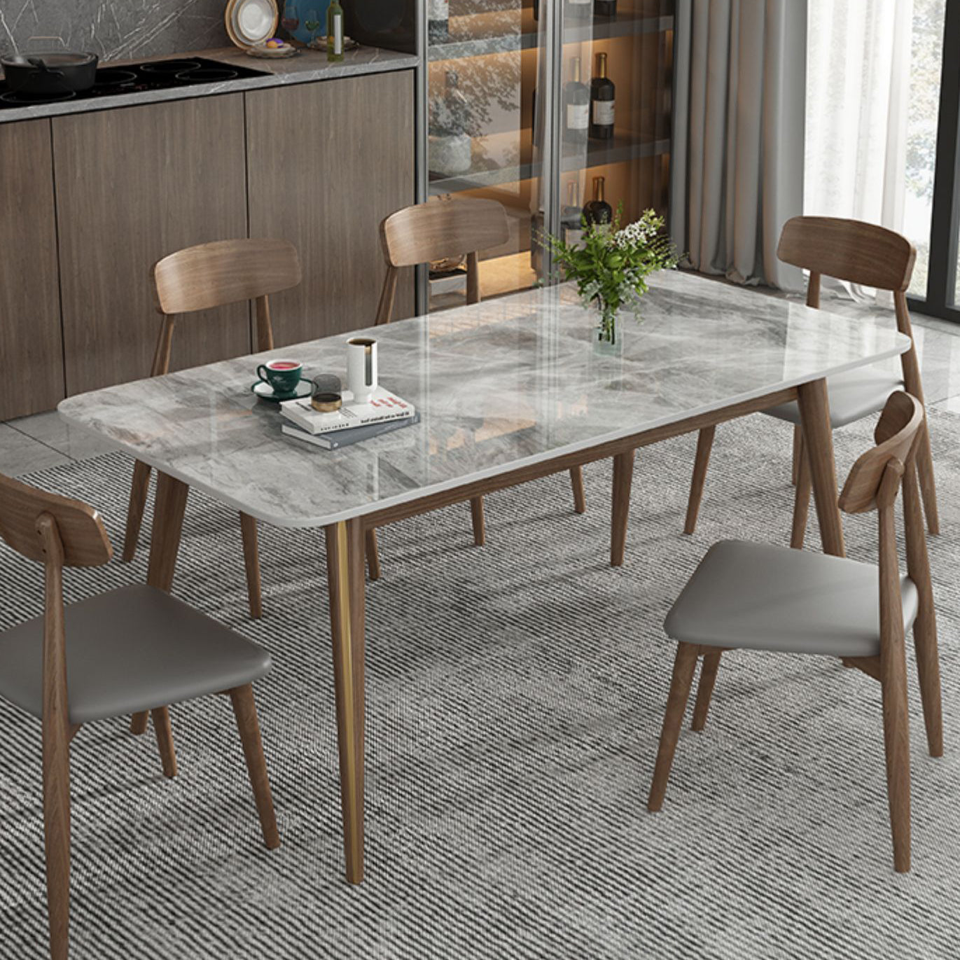 Modern Style Sintered Stone Dining Table 4 Legs Rectangular Table in Grey