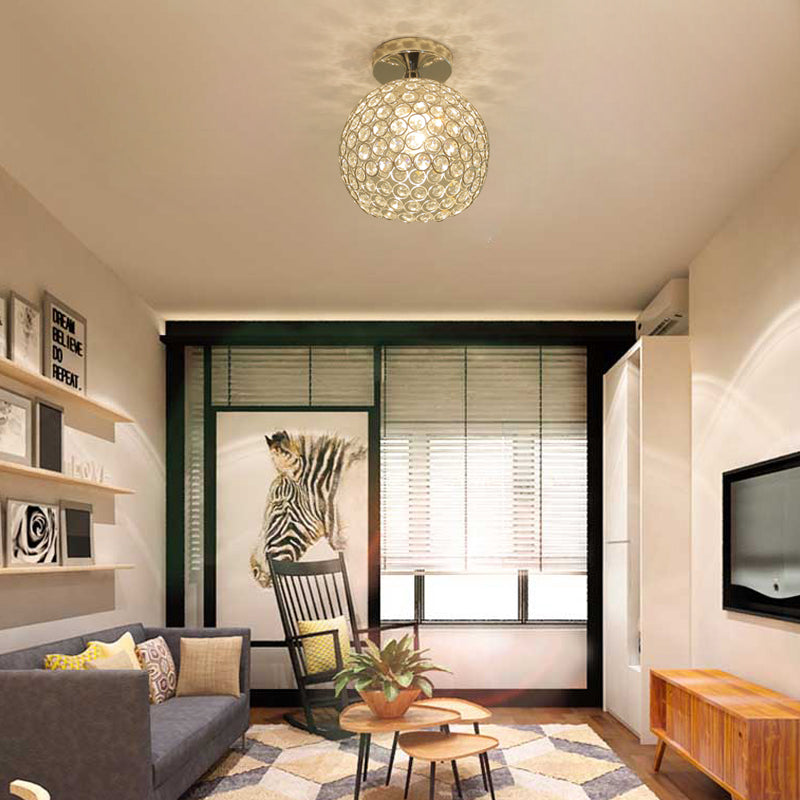 Romantische Globe Inbouwlamp 1 Kops Metaal en Helder Kristal Plafondlamp in Chroom voor Gang