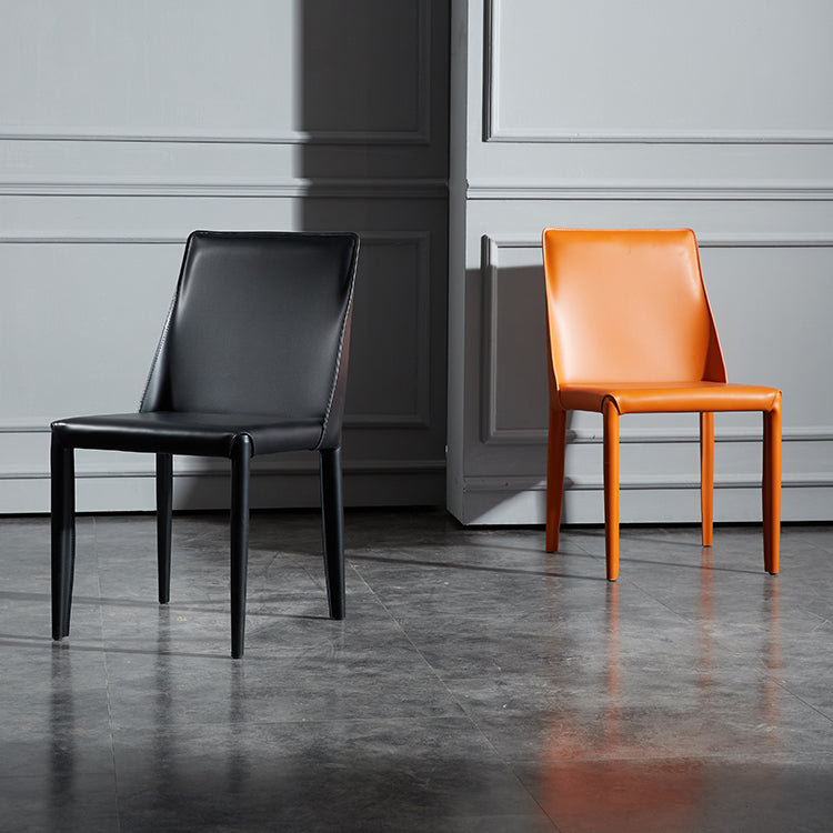 Solid Back Armless Dining Chairs Indoor Leather Side Chairs with Metal Legs