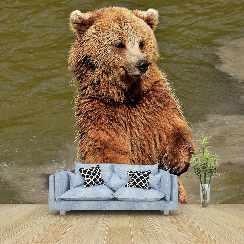 Customized Brown Bear Wall Mural Horizontal Photography for Sleeping Room Decoration