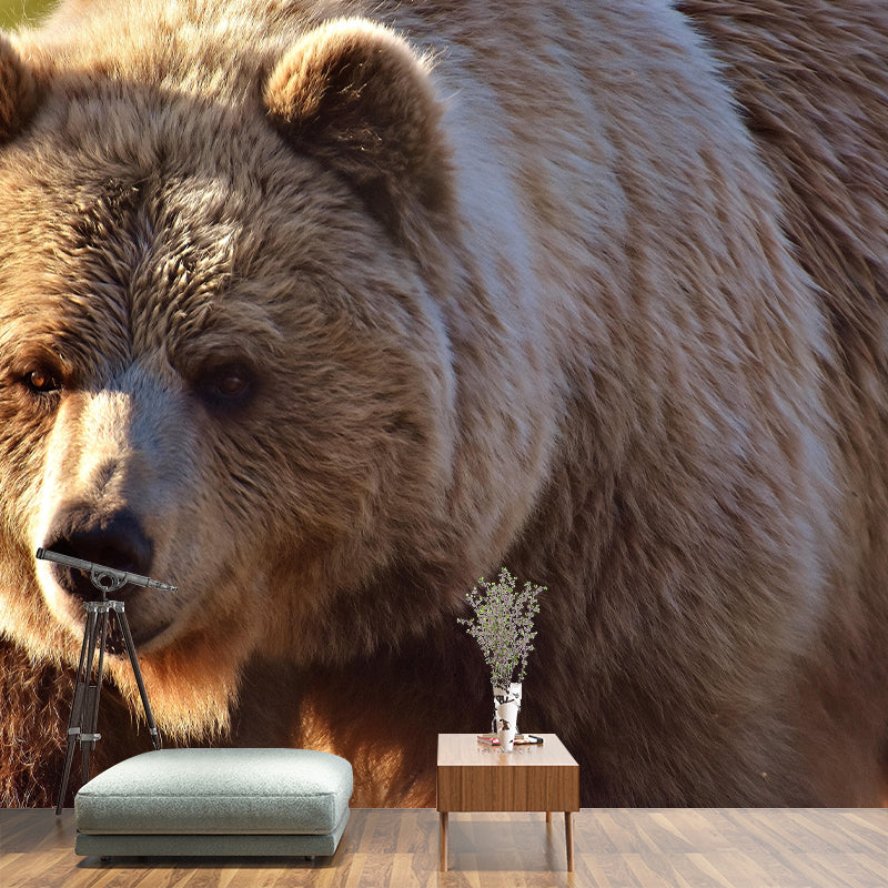Customized Brown Bear Wall Mural Horizontal Photography for Sleeping Room Decoration