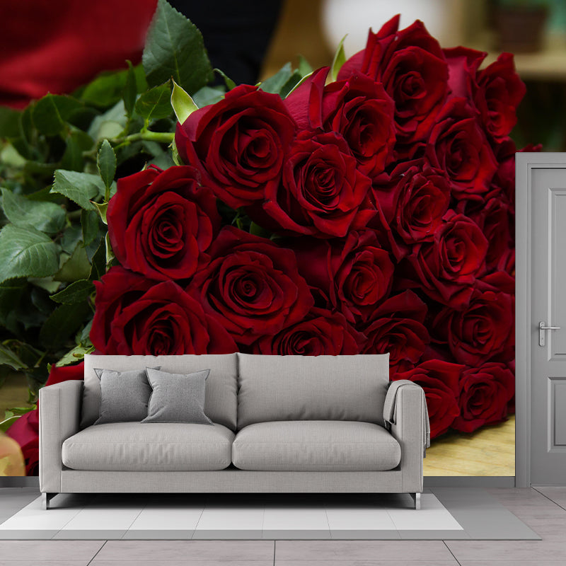 Customized Rose Bouquet Wall Mural Horizontal Photography for Sleeping Room Decoration