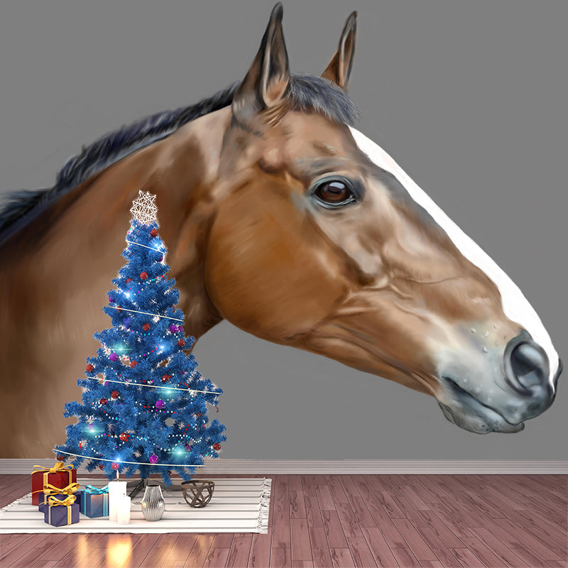 Horse Illustration Mural Mildew Resistant Wall Covering for Living Room