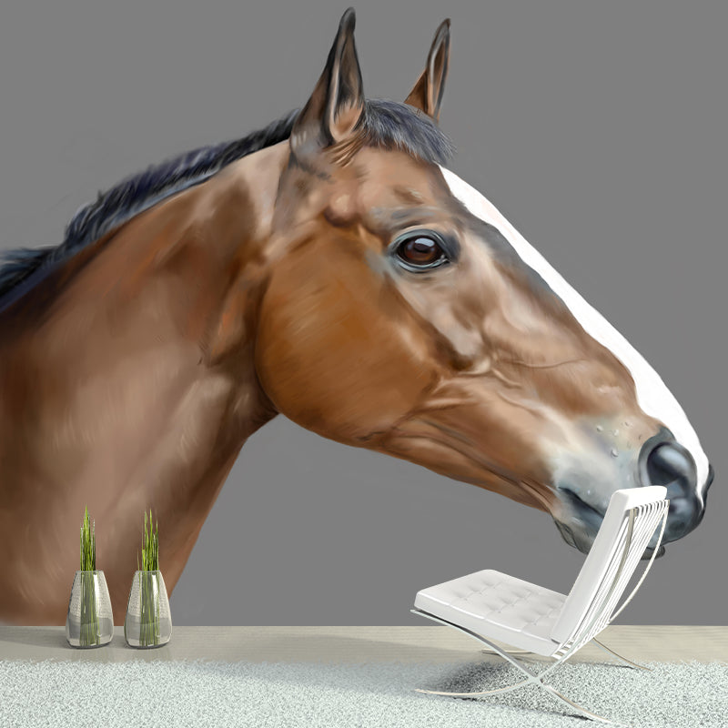 Horse Illustration Mural Mildew Resistant Wall Covering for Living Room