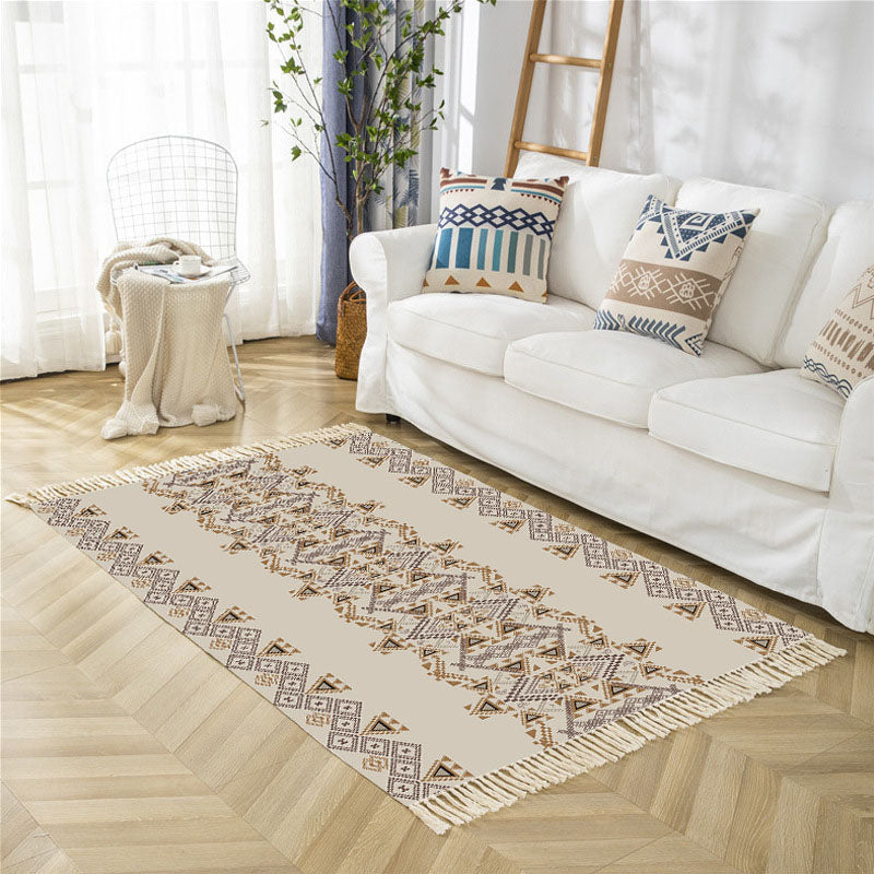 Beige Bohemian Rug Cotton Blended Graphic Rug Washable Rug for Bedroom