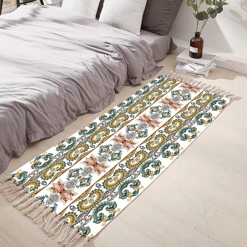 Beige Bohemian Rug Cotton Blended Graphic Rug Washable Rug for Bedroom
