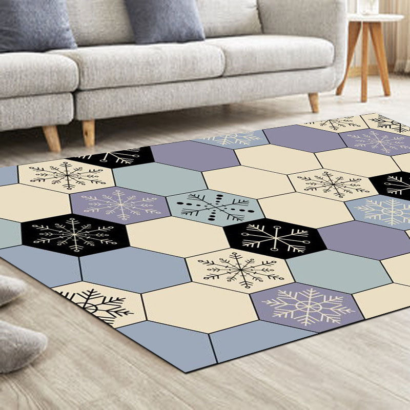 Modern Living Room Area Rug Blue Geometric Pattern Area Carpet Polyester Anti-Slip Rug