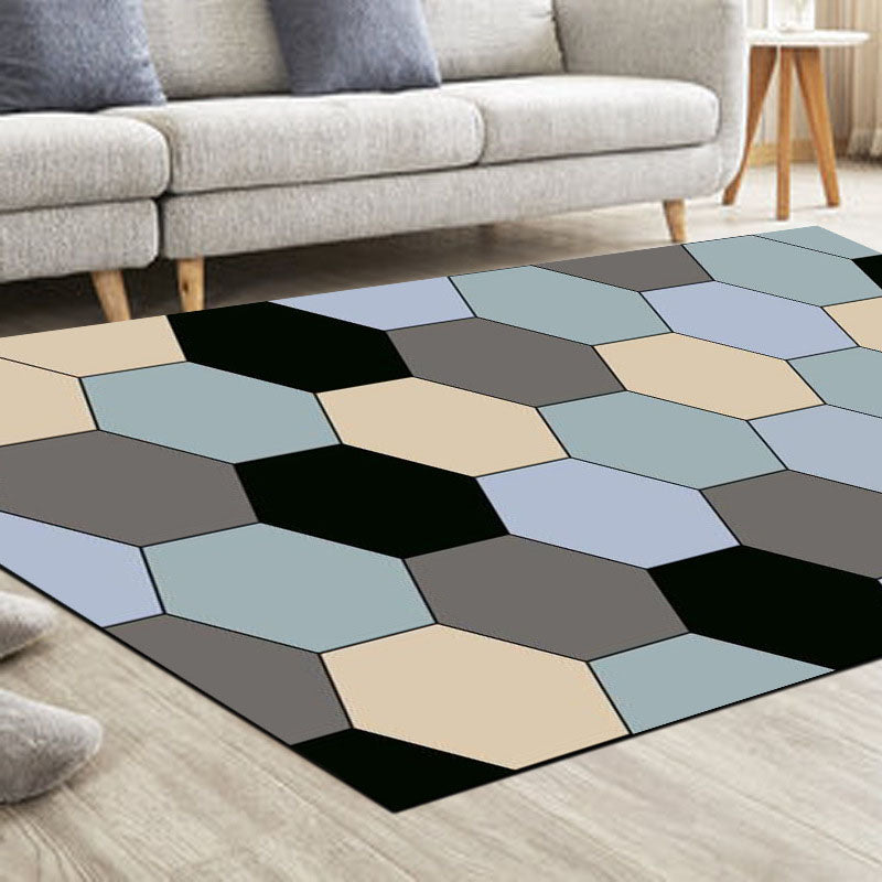 Modern Living Room Area Rug Blue Geometric Pattern Area Carpet Polyester Anti-Slip Rug