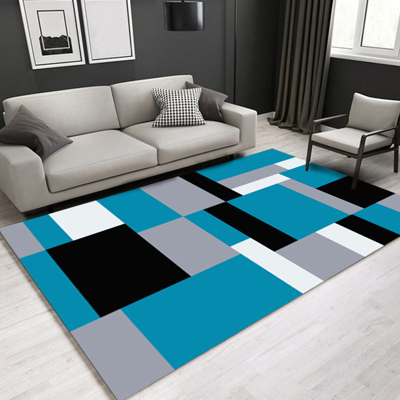 Blue Modern Area Rug Geometric Pattern Polyester Area Carpet Easy Care Washable Rug for Home Decor
