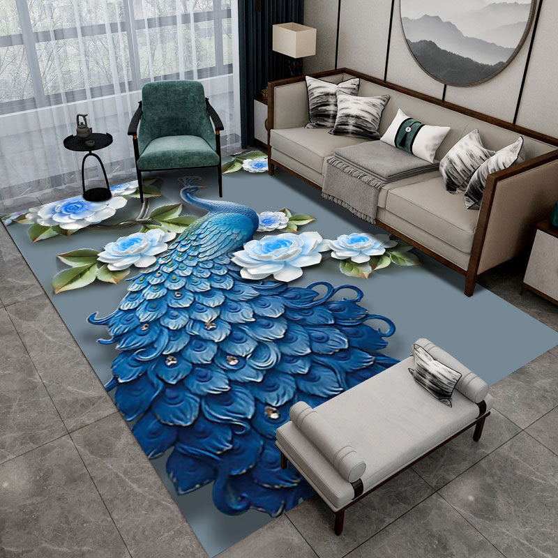 Contemporary Indoor Rug Gorgeous Peacock Pattern Rug Polyster Washable Area Rug for Living Room